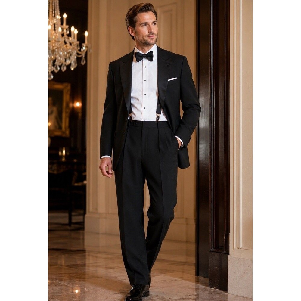 Jos. A. Bank 44L 36x30 Black 100% Wool Worn 1x 2Pc Tuxedo Mens Jacket Pants Suit